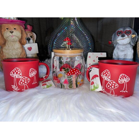 Seeds & Sunshine Mushroom Toadstool 2 Coffee Mugs & 1 Glass Mushroom Cannister - Picture 1 of 12